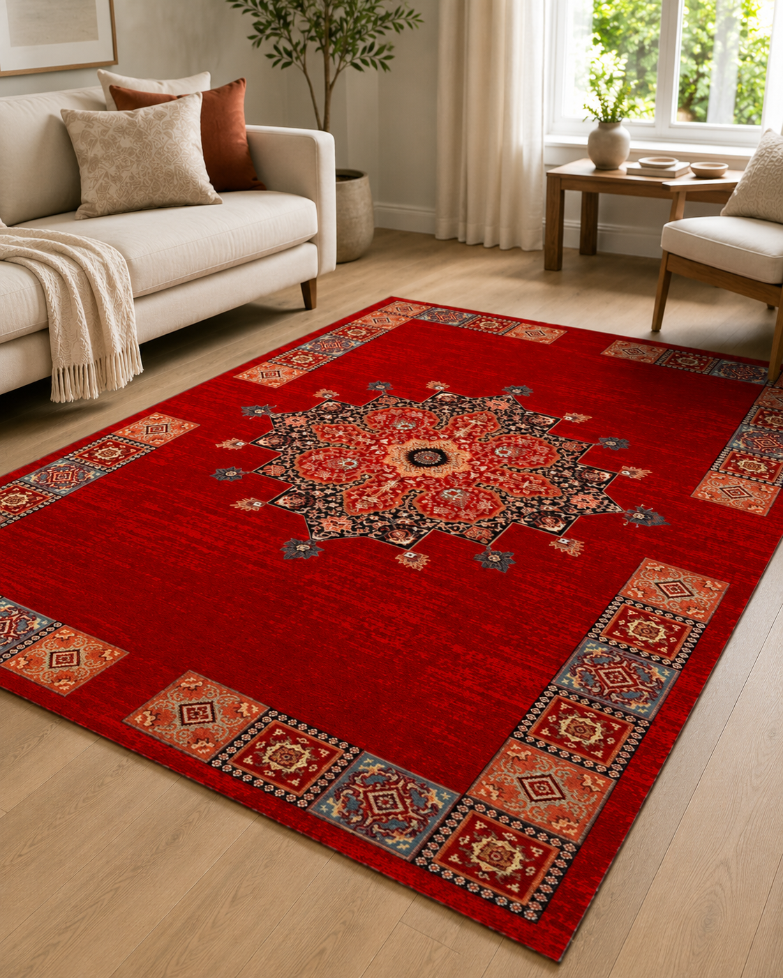 Kırmızı Madalyon Desenli Klasik Sisal Dokuma Salon Halısı