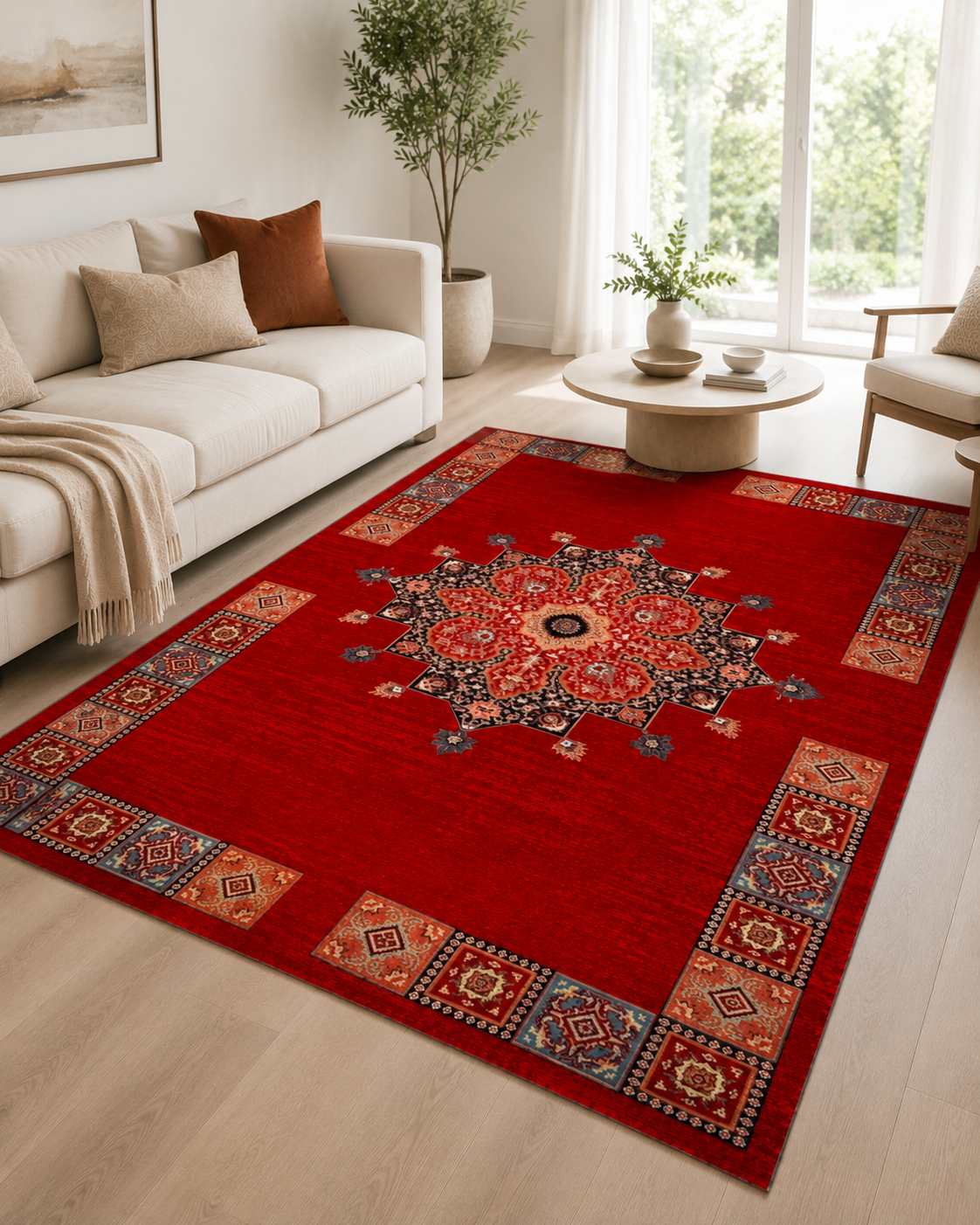 Kırmızı Madalyon Desenli Klasik Sisal Dokuma Salon Halısı