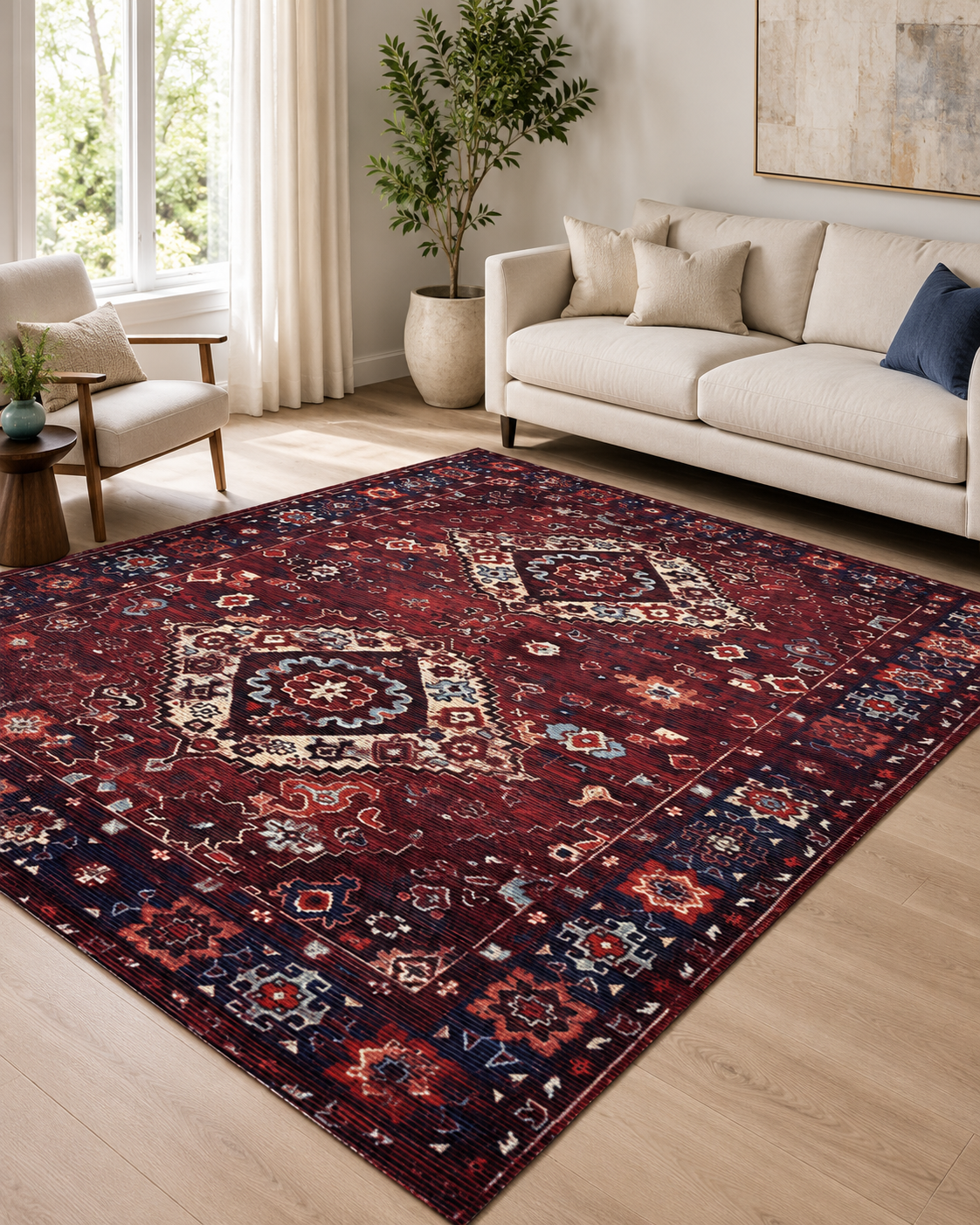 Bordo Lacivert Etnik Desenli Vintage Sisal Dokuma Salon Halısı