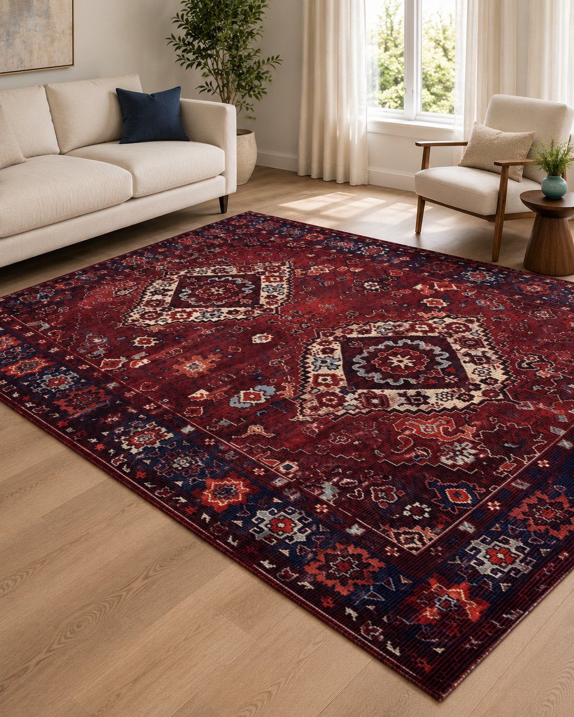 Bordo Lacivert Etnik Desenli Vintage Sisal Dokuma Salon Halısı