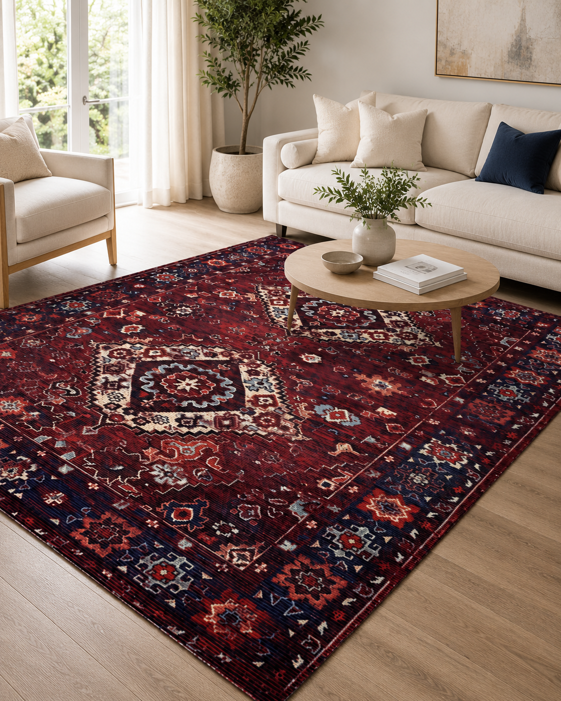 Bordo Lacivert Etnik Desenli Vintage Sisal Dokuma Salon Halısı