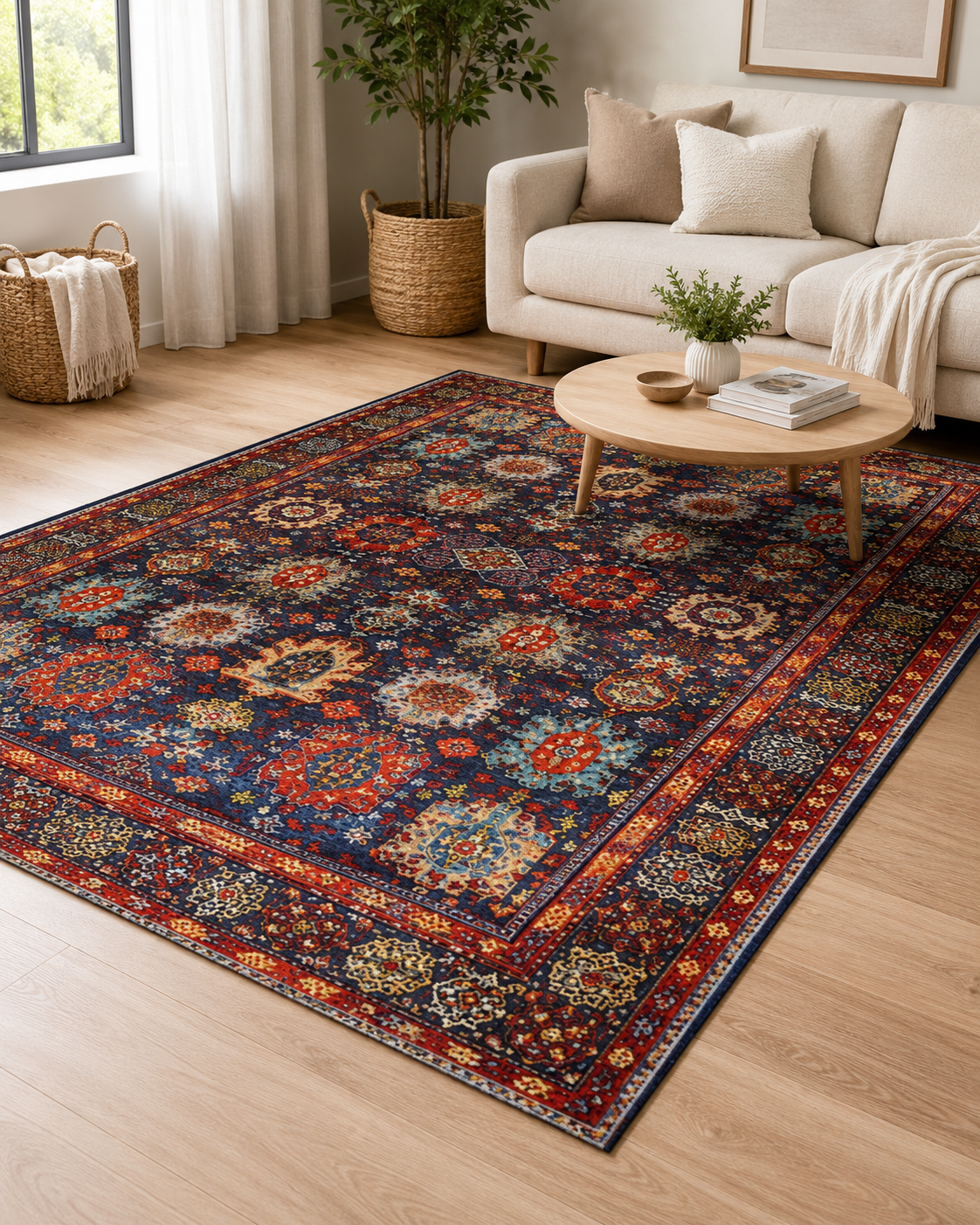 Lacivert Kırmızı Klasik Desenli Vintage Sisal Dokuma Salon Halısı