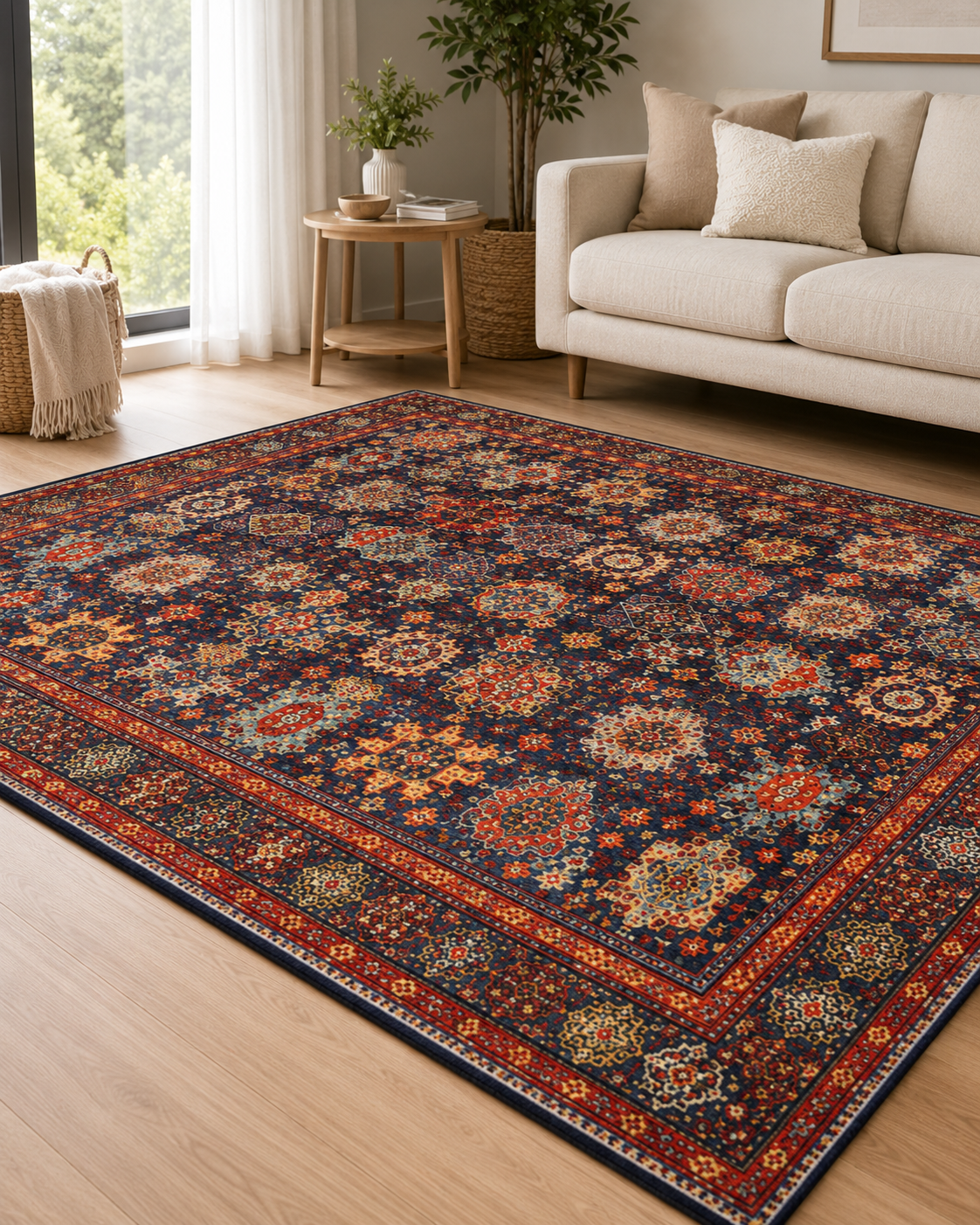 Lacivert Kırmızı Klasik Desenli Vintage Sisal Dokuma Salon Halısı