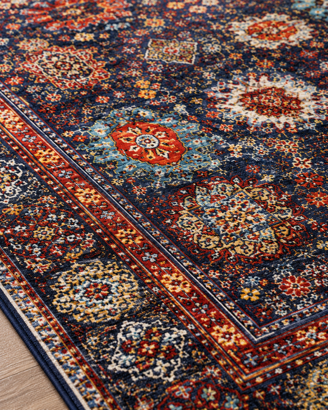 Lacivert Kırmızı Klasik Desenli Vintage Sisal Dokuma Salon Halısı