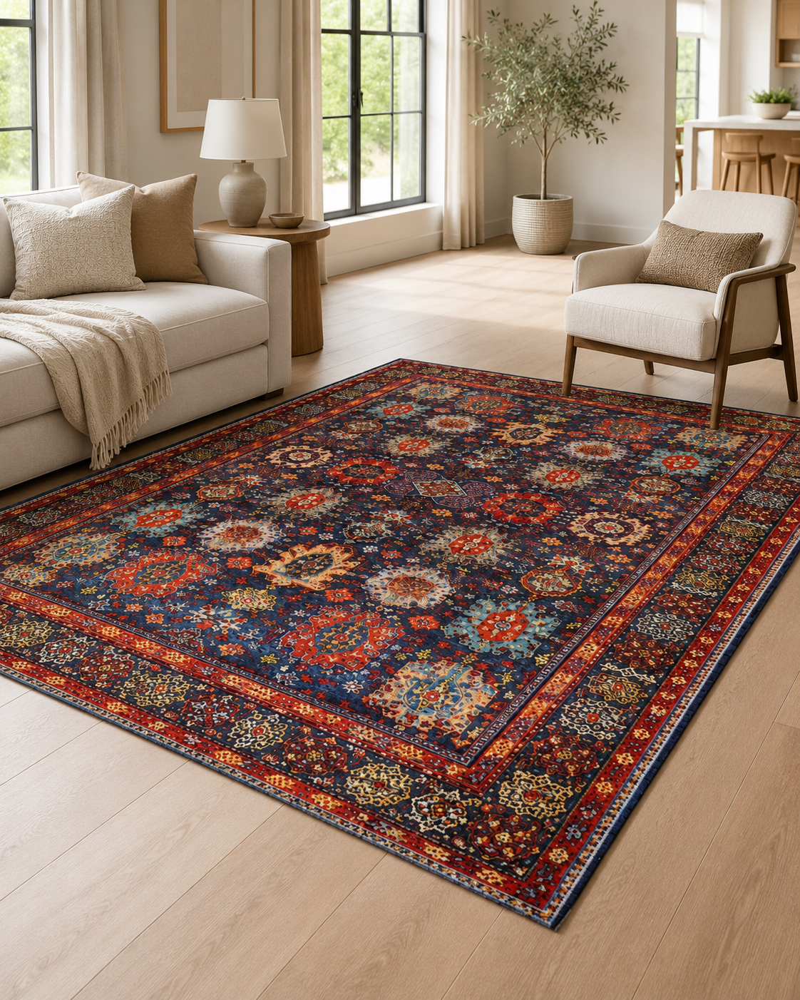 Lacivert Kırmızı Klasik Desenli Vintage Sisal Dokuma Salon Halısı
