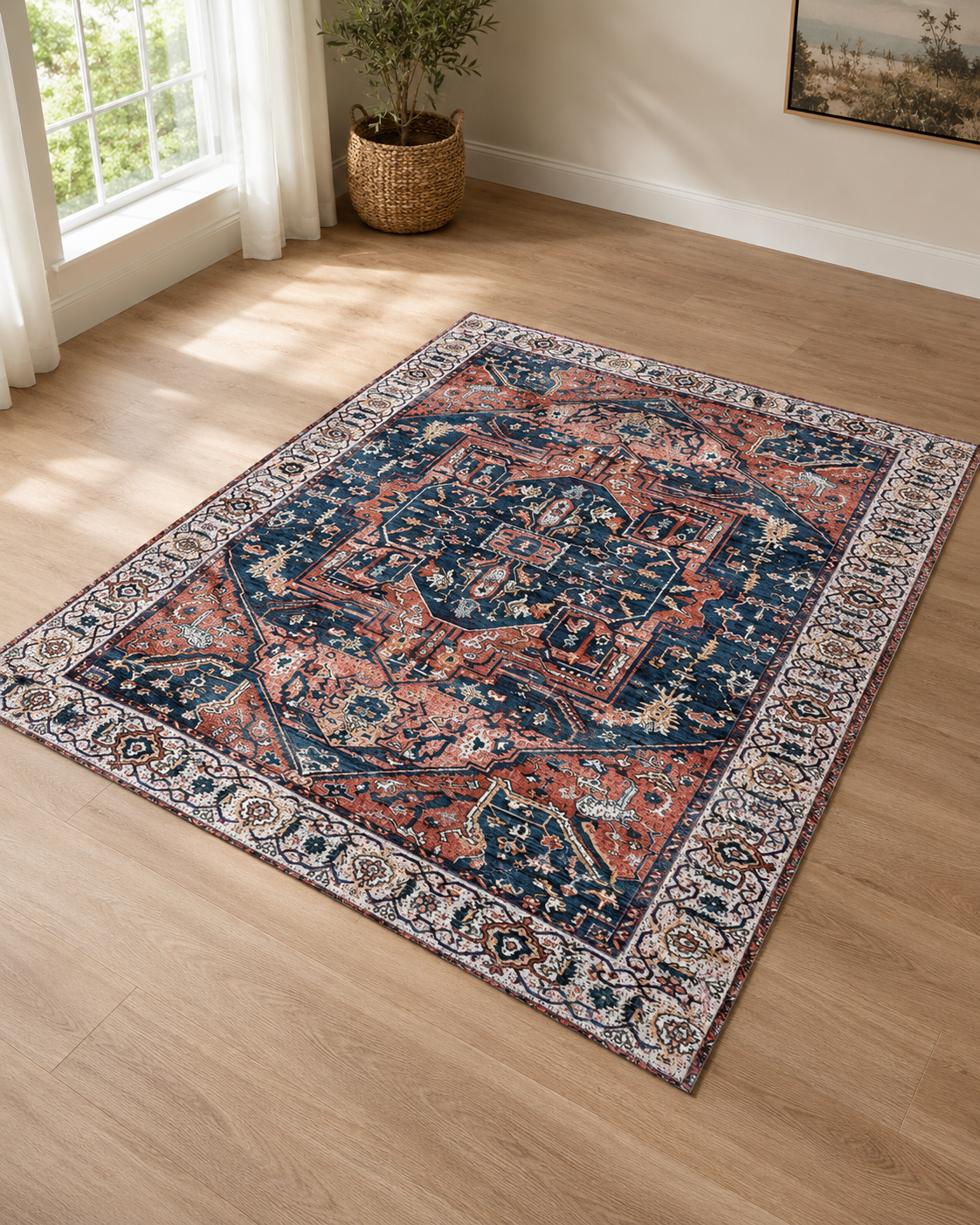 Lacivert Kiremit Madalyon Desenli Vintage Sisal Dokuma Salon Halısı