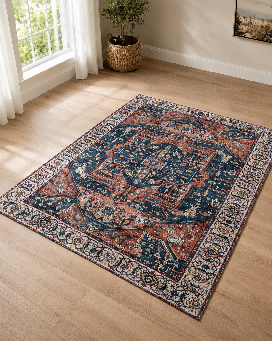 Lacivert Kiremit Madalyon Desenli Vintage Sisal Dokuma Salon Halısı