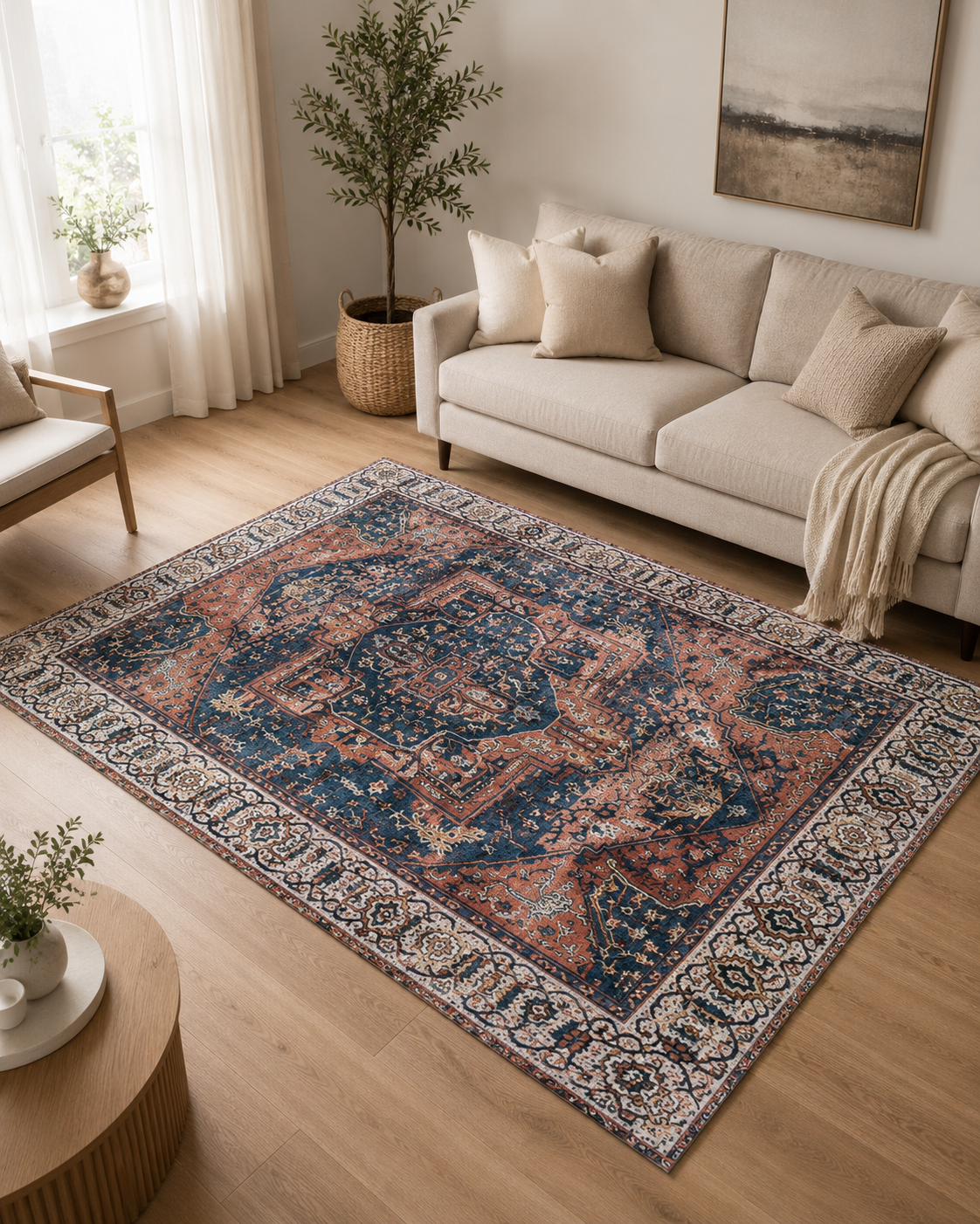 Lacivert Kiremit Madalyon Desenli Vintage Sisal Dokuma Salon Halısı