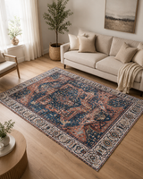 Lacivert Kiremit Madalyon Desenli Vintage Sisal Dokuma Salon Halısı