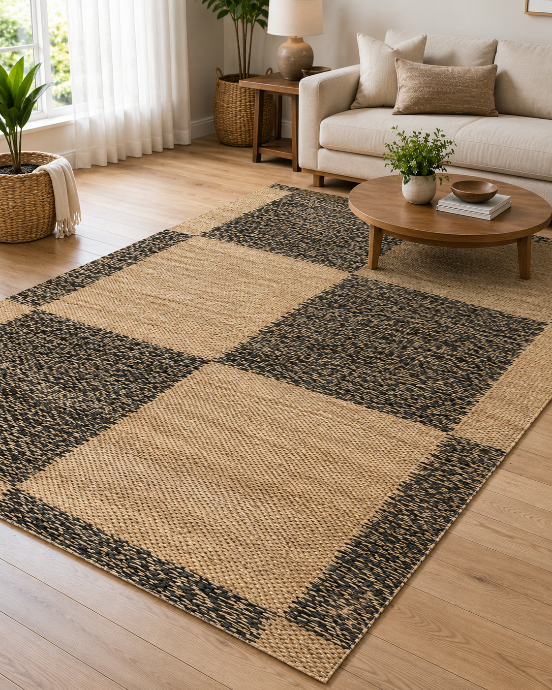 Doğal Jüt Görünümlü Kahve Bej Geometrik Sisal Dokuma Salon Halısı