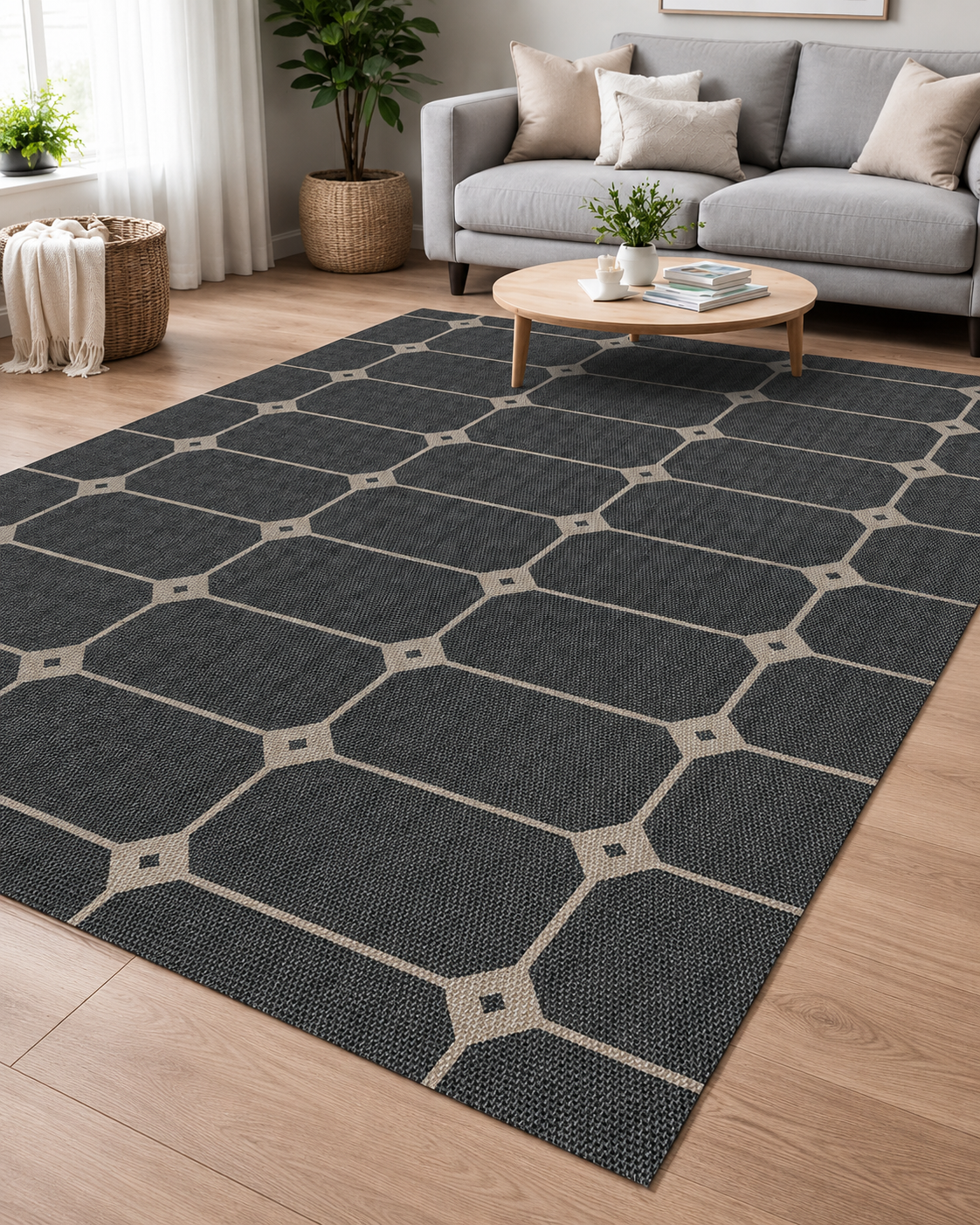 Antrasit Bej Petek Desenli Modern Sisal Dokuma Salon Halısı