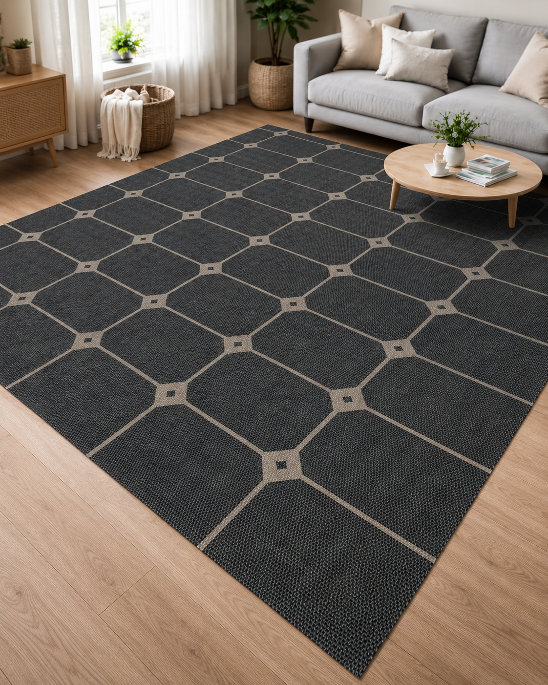 Antrasit Bej Petek Desenli Modern Sisal Dokuma Salon Halısı