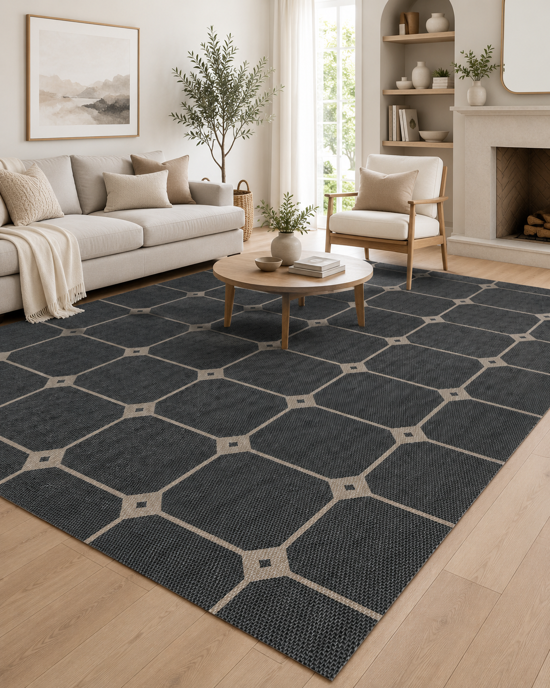 Antrasit Bej Petek Desenli Modern Sisal Dokuma Salon Halısı