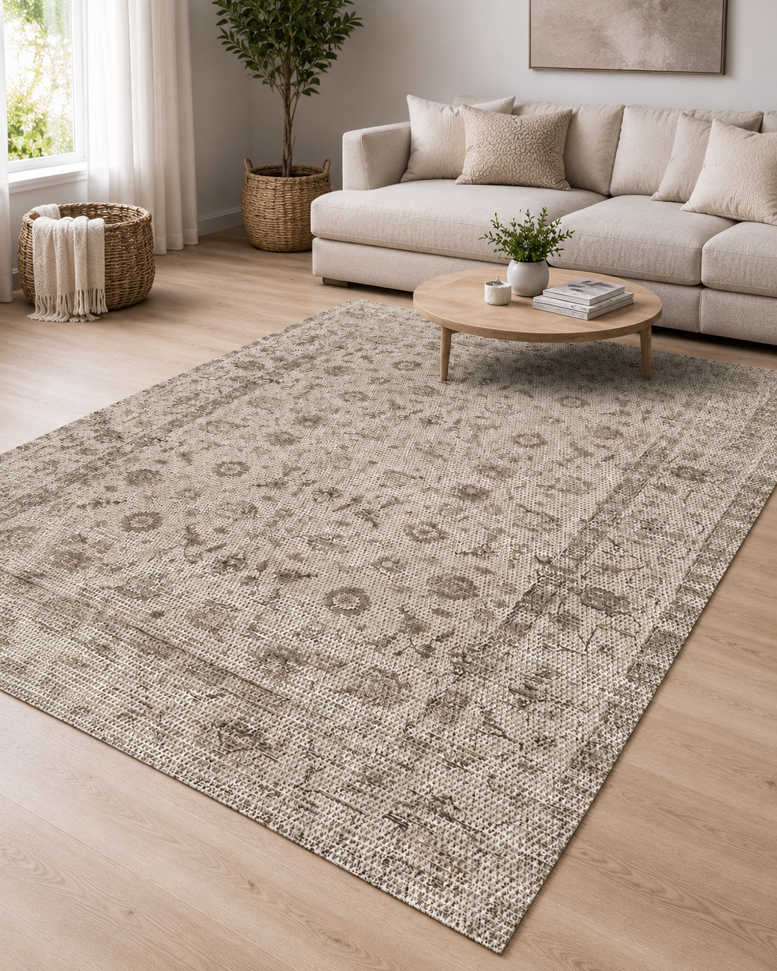 Bej Gri Vintage Çiçek Desenli Sisal Dokuma Salon Halısı