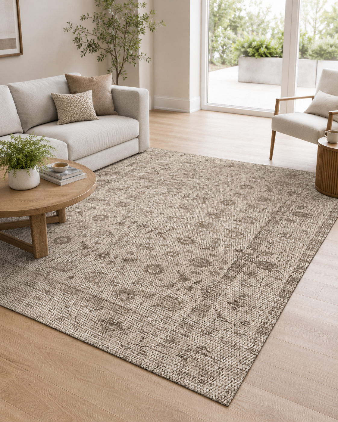 Bej Gri Vintage Çiçek Desenli Sisal Dokuma Salon Halısı