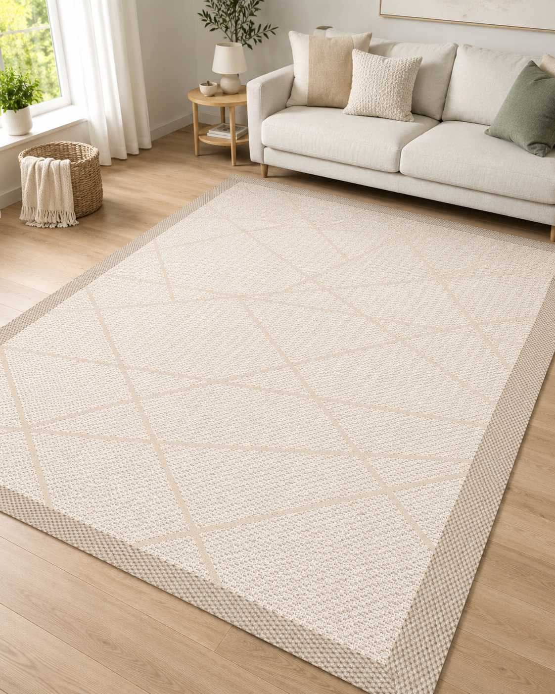 Krem Geometrik Desenli Minimal Sisal Dokuma Salon Halısı