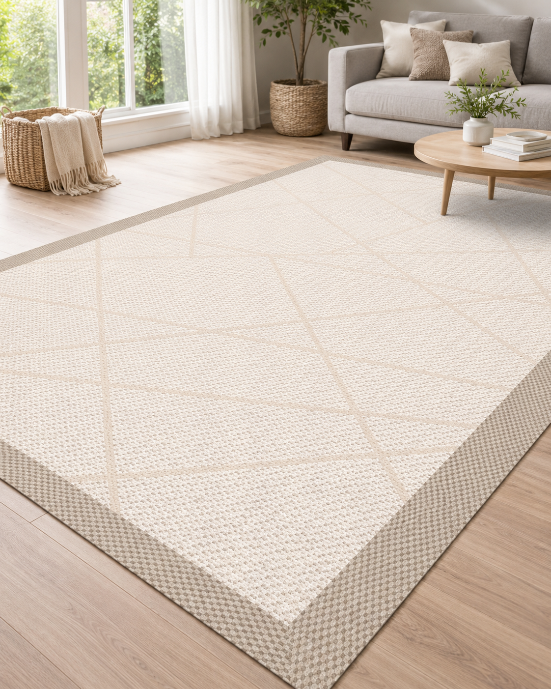 Krem Geometrik Desenli Minimal Sisal Dokuma Salon Halısı