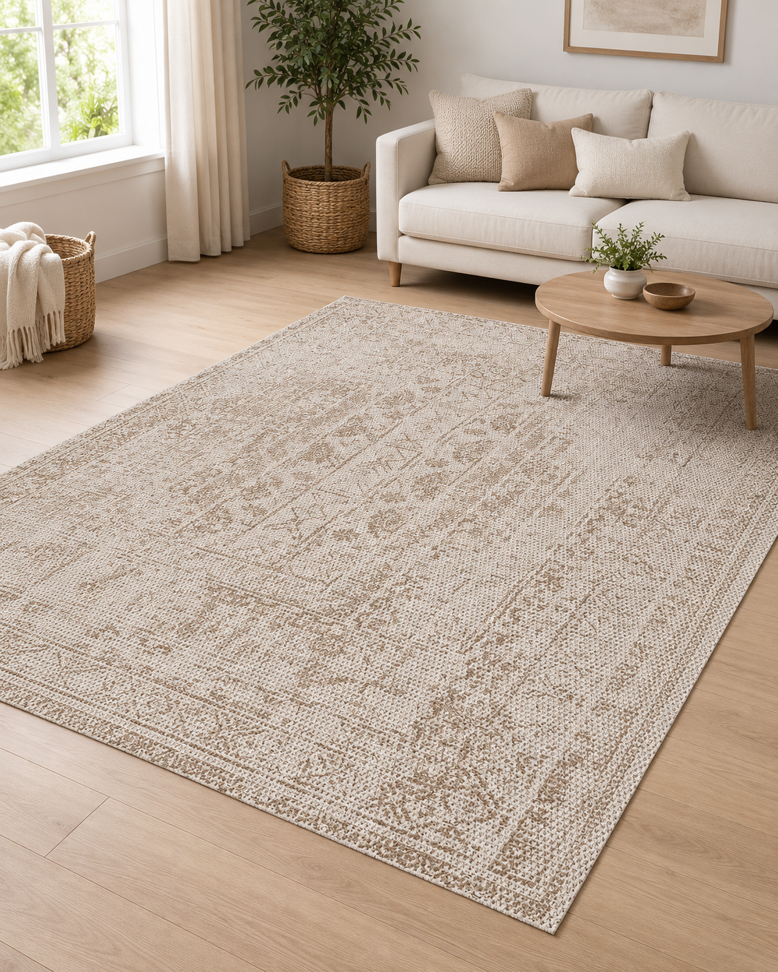 Bej Krem Vintage Desenli Minimal Sisal Dokuma Salon Halısı