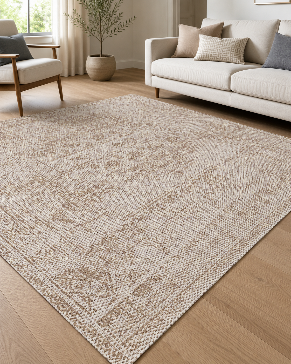Bej Krem Vintage Desenli Minimal Sisal Dokuma Salon Halısı