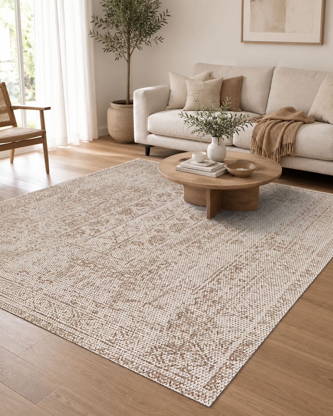Bej Krem Vintage Desenli Minimal Sisal Dokuma Salon Halısı