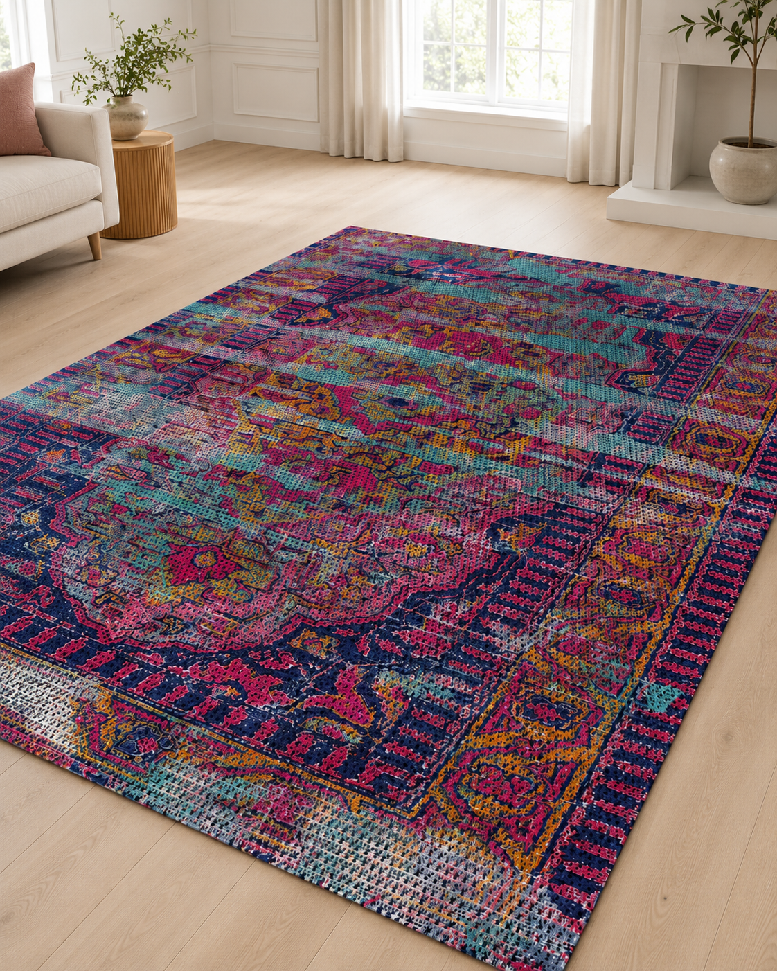 Lacivert Fuşya Renkli Vintage Desenli Sisal Dokuma Salon Halısı