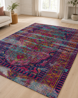 Lacivert Fuşya Renkli Vintage Desenli Sisal Dokuma Salon Halısı