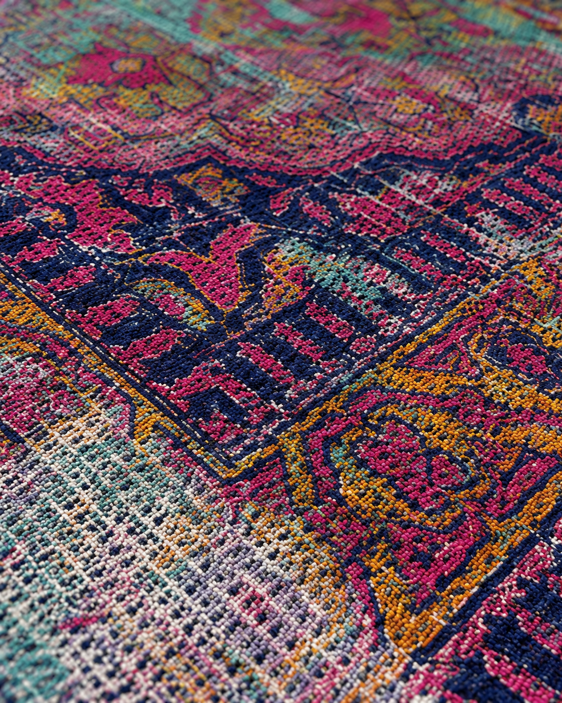 Lacivert Fuşya Renkli Vintage Desenli Sisal Dokuma Salon Halısı