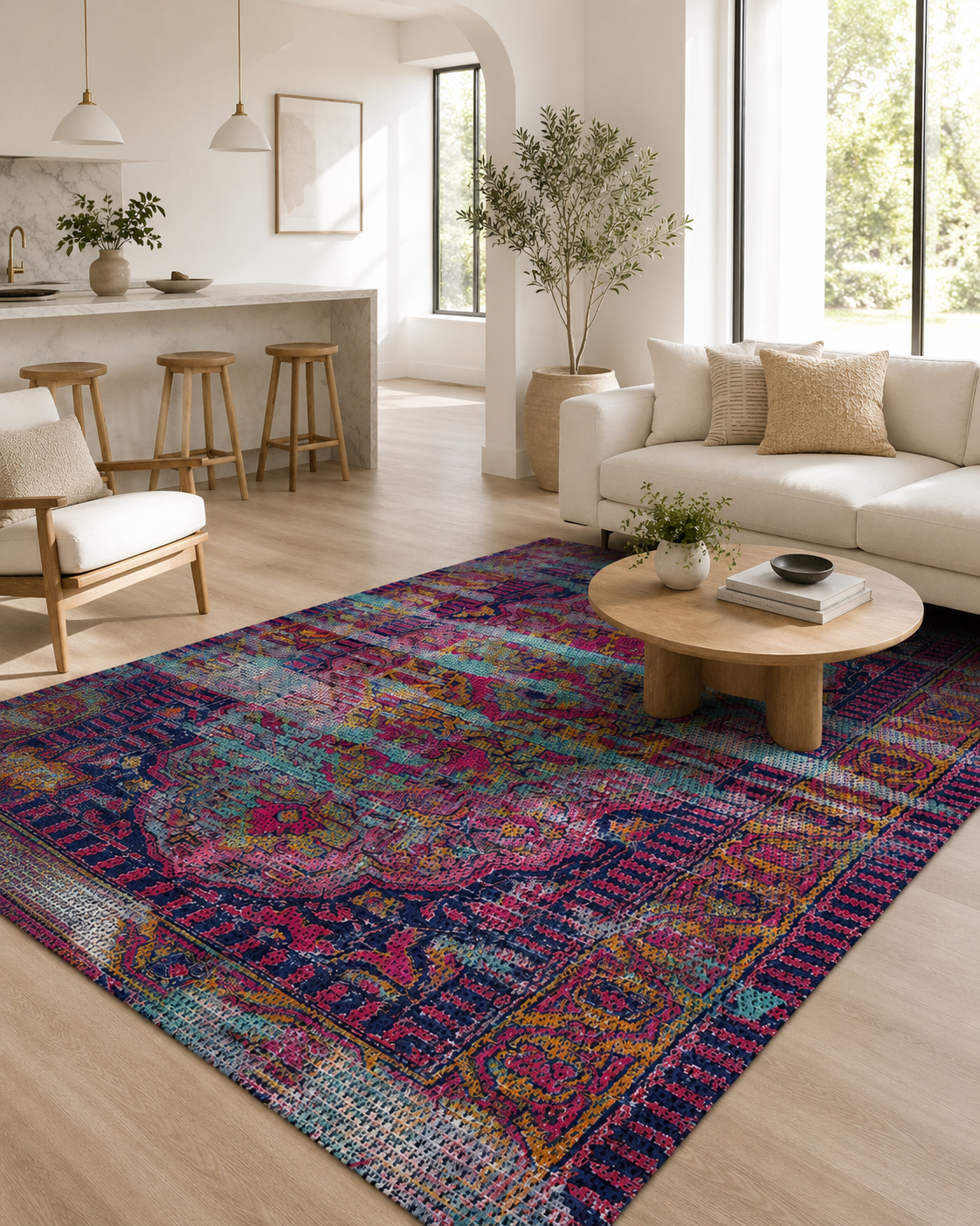 Lacivert Fuşya Renkli Vintage Desenli Sisal Dokuma Salon Halısı