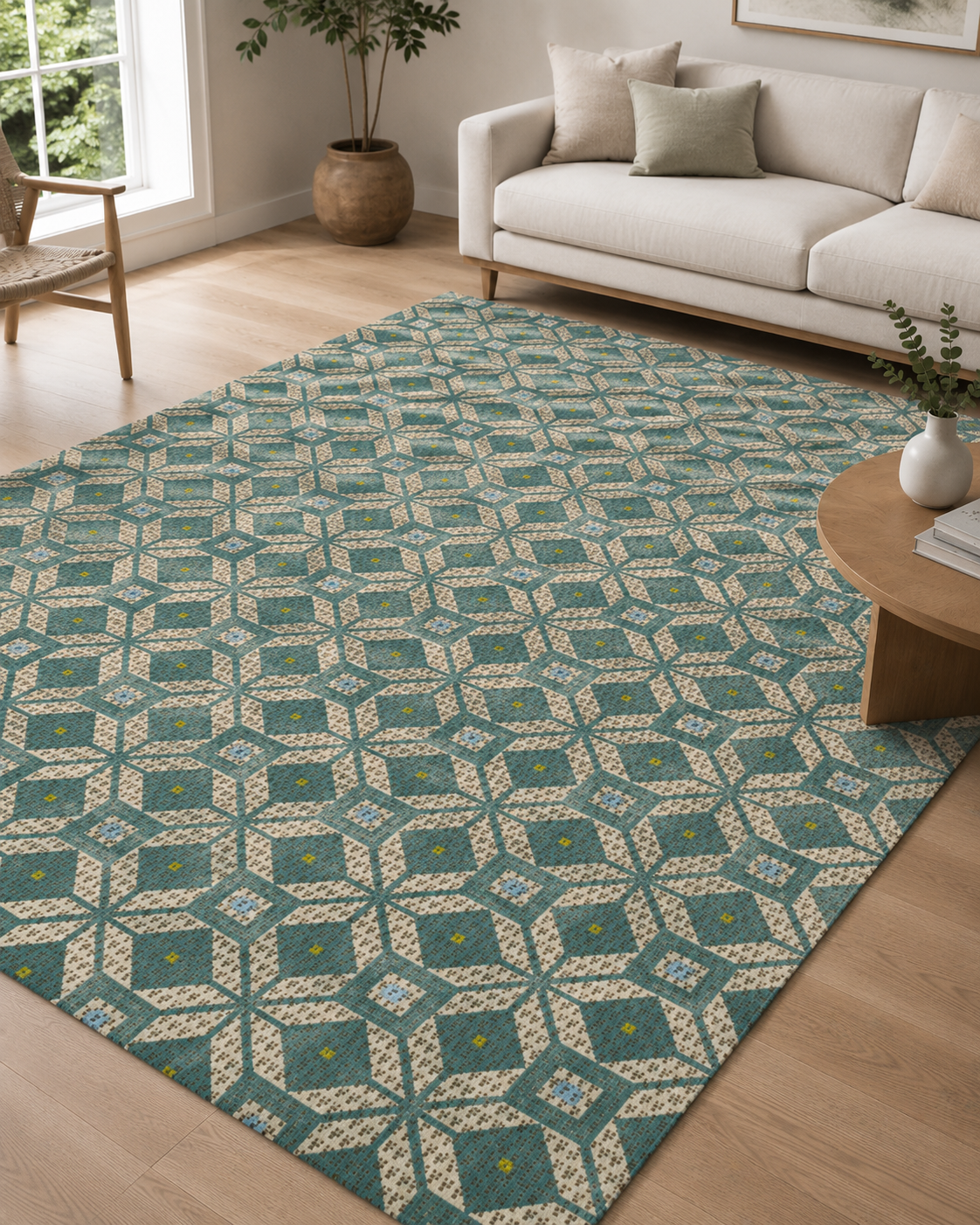 Turkuaz Geometrik Desenli Modern Sisal Dokuma Salon Halısı