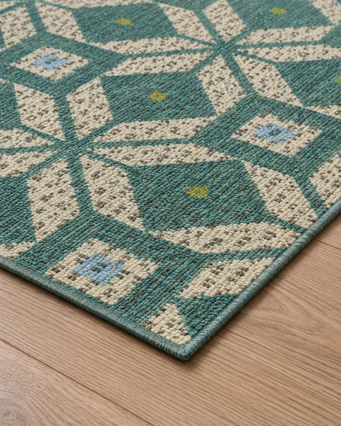 Turkuaz Geometrik Desenli Modern Sisal Dokuma Salon Halısı