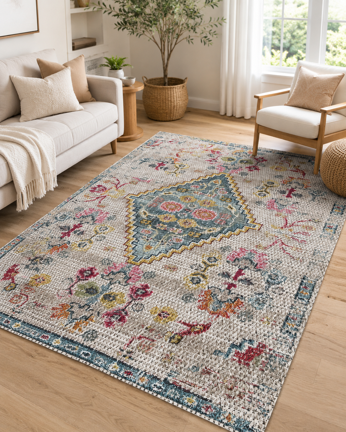 Vintage Çiçek Desenli Mavi Madalyonlu Sisal Dokuma Salon Halısı