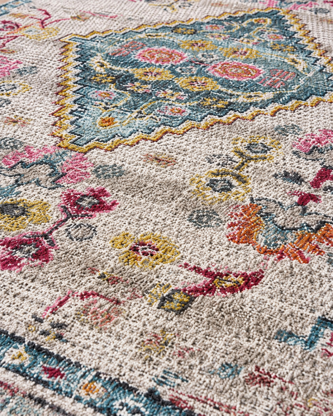 Vintage Çiçek Desenli Mavi Madalyonlu Sisal Dokuma Salon Halısı