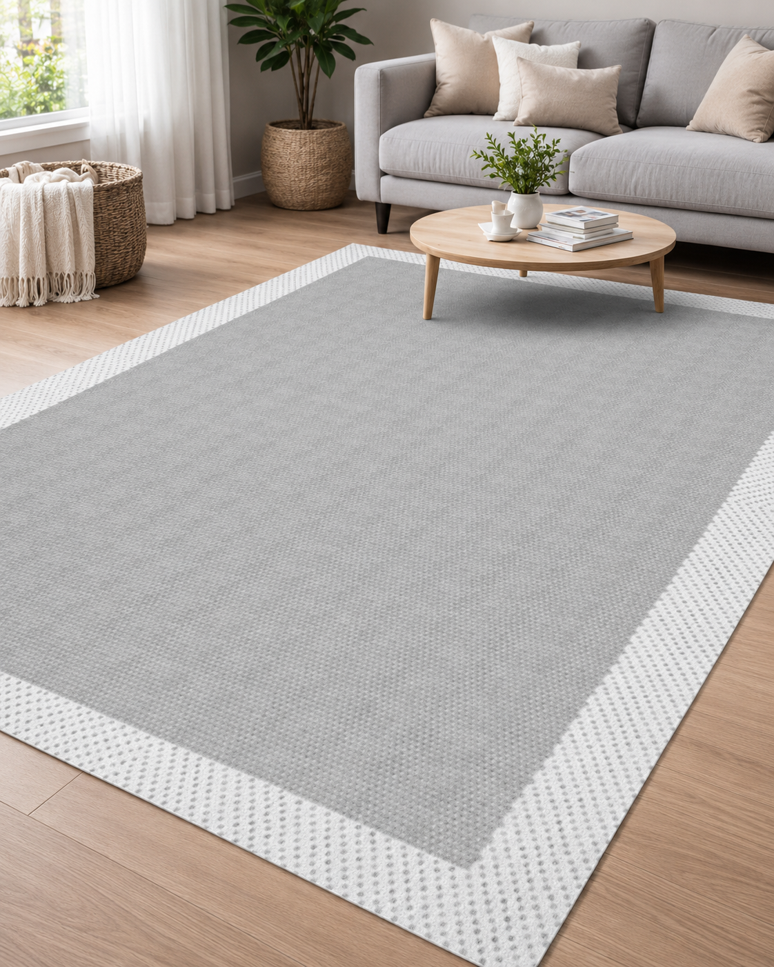 Modern Gri Zeminli Beyaz Çerçeve Desenli Sisal Halı