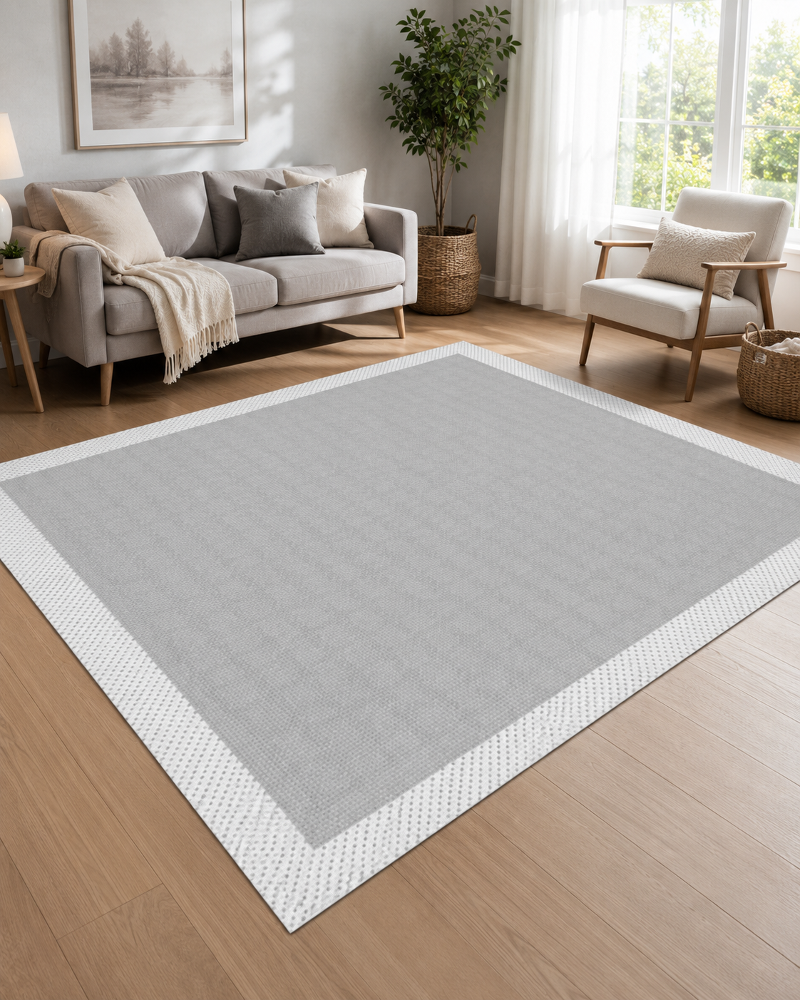Modern Gri Zeminli Beyaz Çerçeve Desenli Sisal Halı