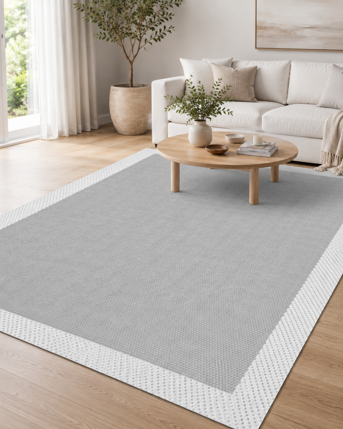 Modern Gri Zeminli Beyaz Çerçeve Desenli Sisal Halı