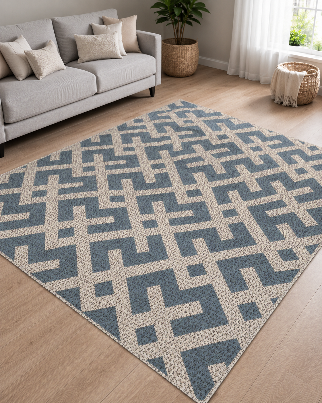 Mavi Krem Labirent Desenli Sisal Salon Halısı