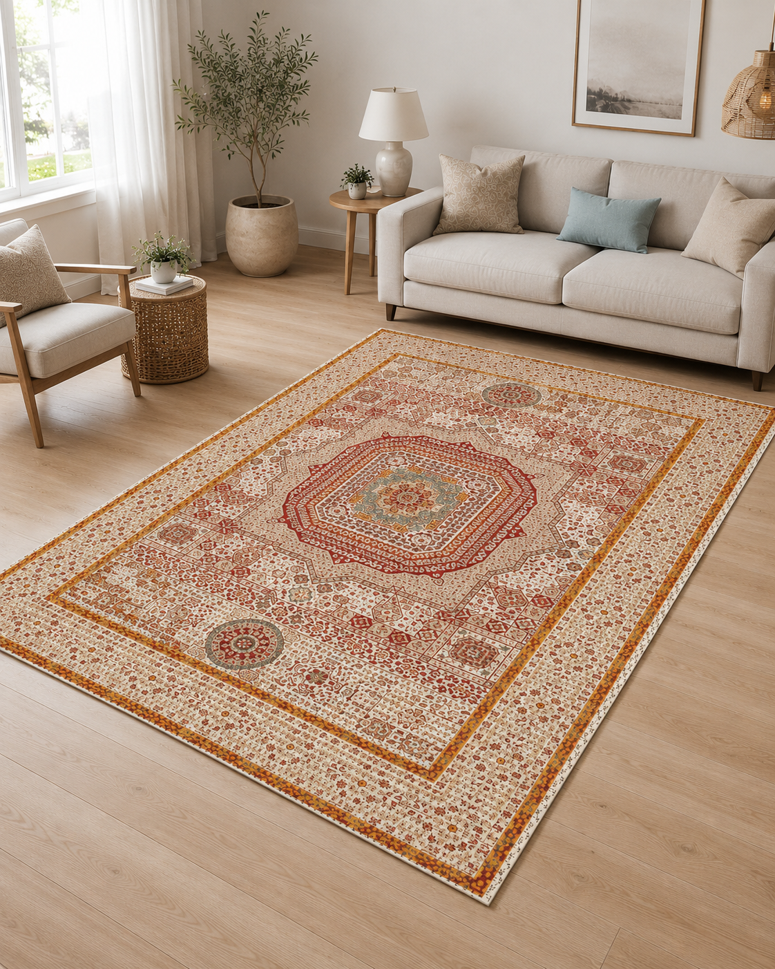 Otantik Vintage Desenli Kiremit Tonlu Sisal Dokuma Halı
