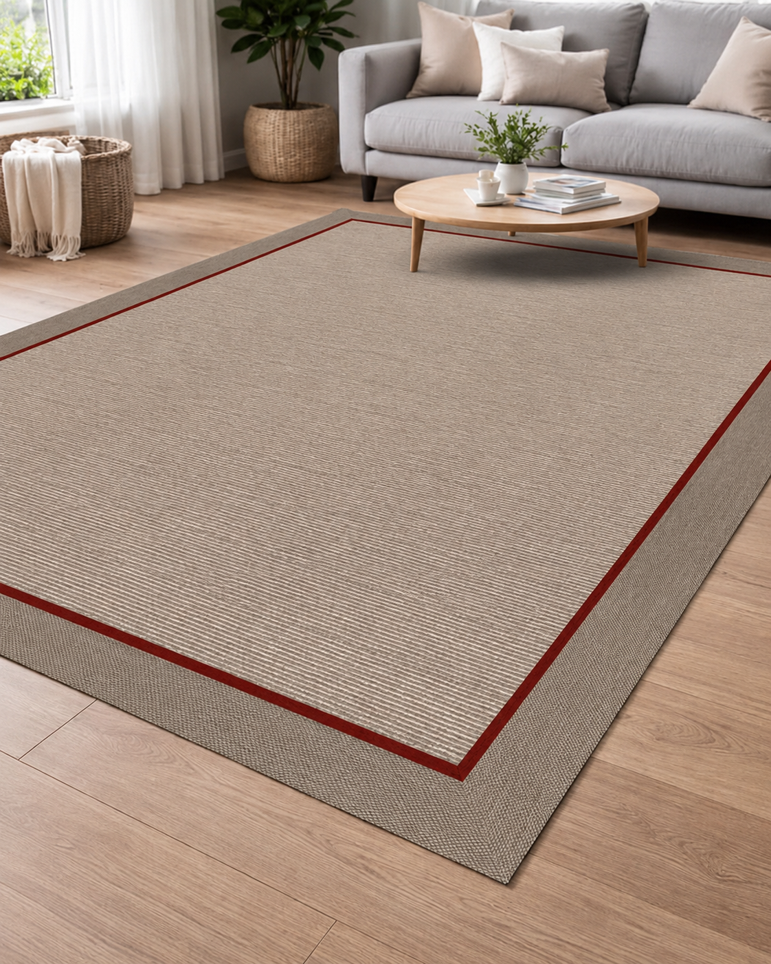 Minimal Kırmızı Bordürlü Bej Sisal Dokuma Halı