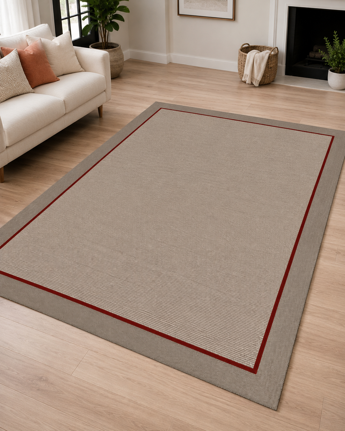 Minimal Kırmızı Bordürlü Bej Sisal Dokuma Halı