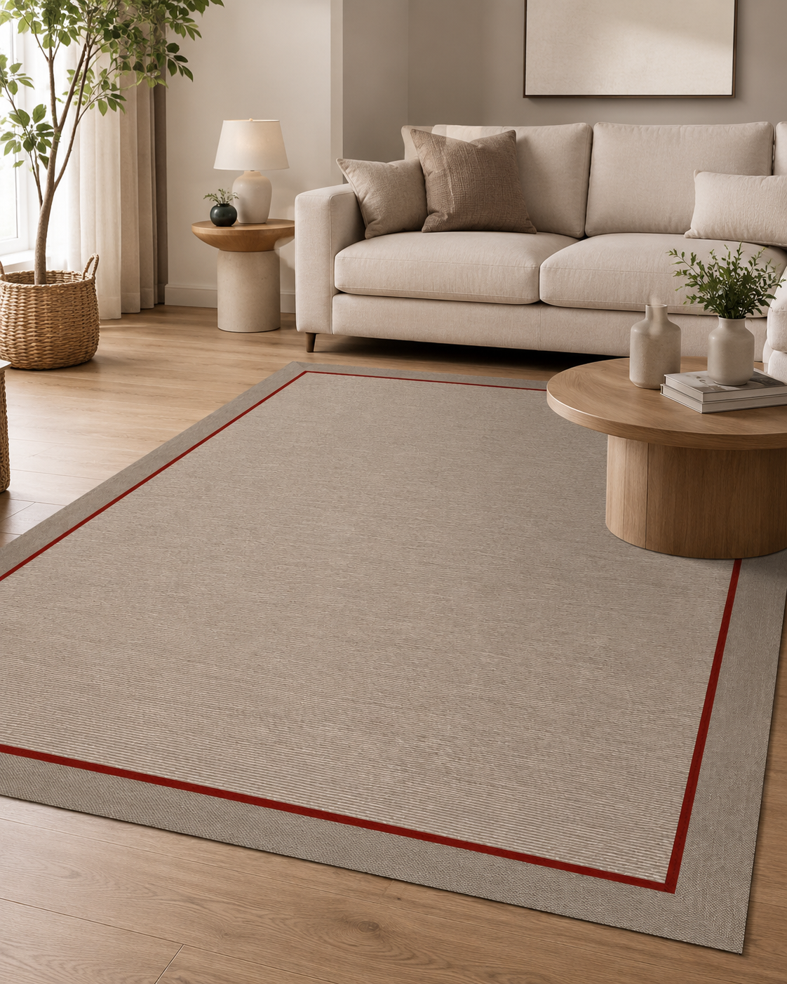 Minimal Kırmızı Bordürlü Bej Sisal Dokuma Halı