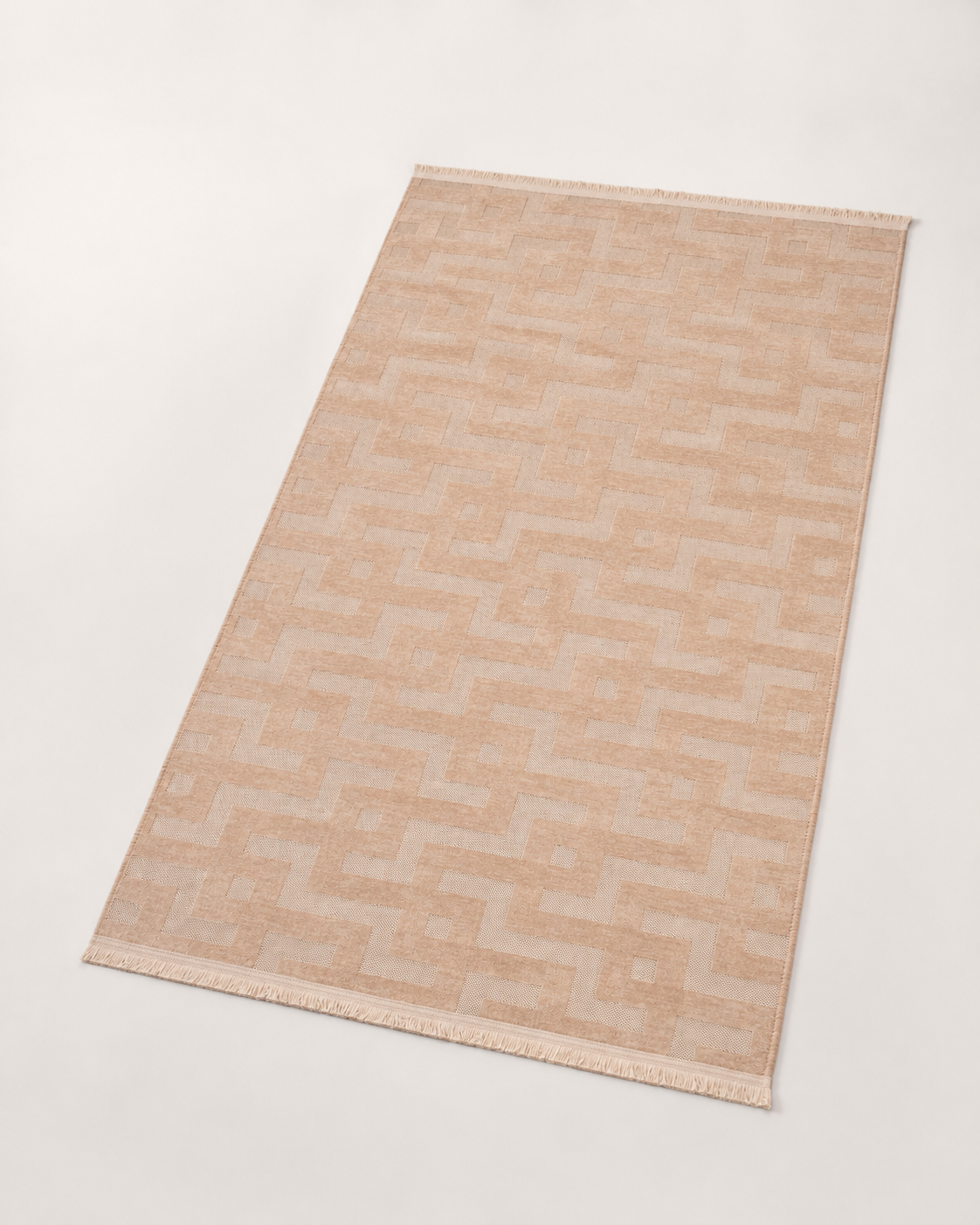 Modern Labirent Geometrik Desenli Pudra Bej Şönil Kilim Halı