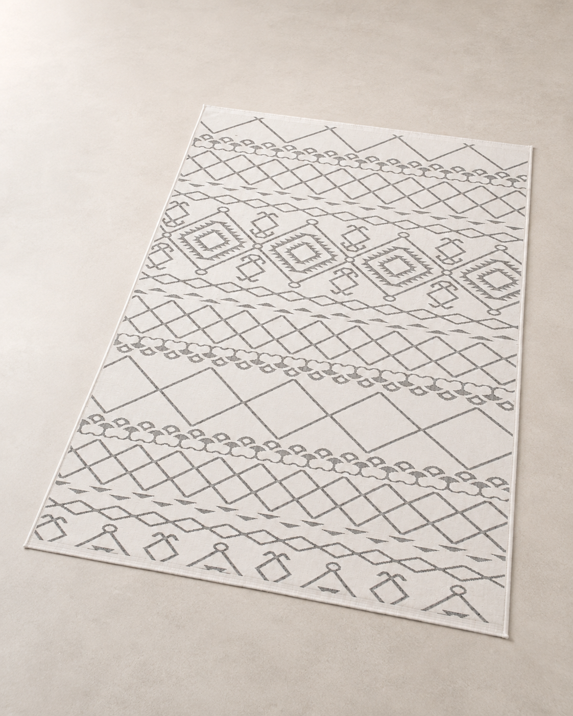 Krem Gri Etnik Desenli Bohem Şönil Kilim Halı