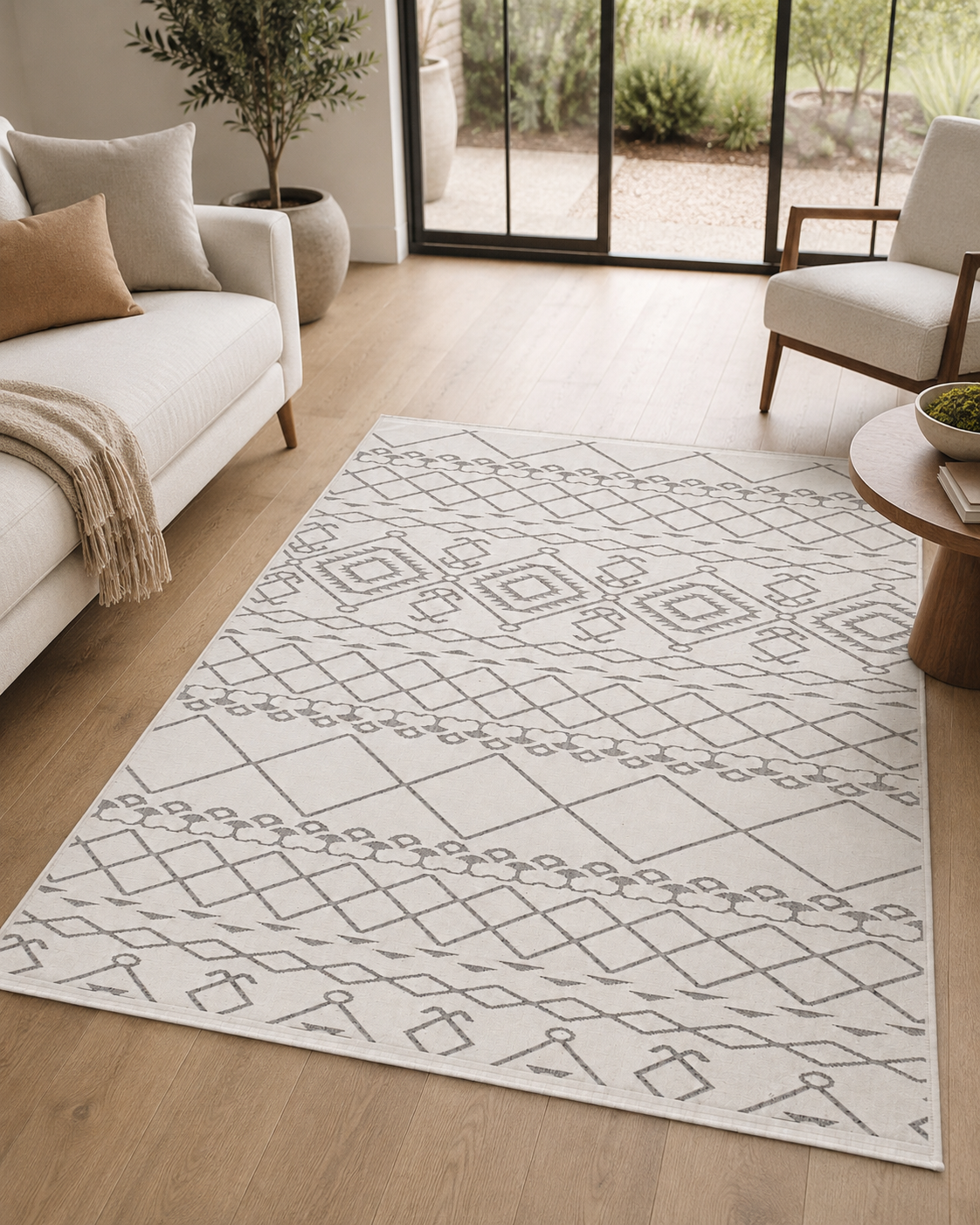 Krem Gri Etnik Desenli Bohem Şönil Kilim Halı