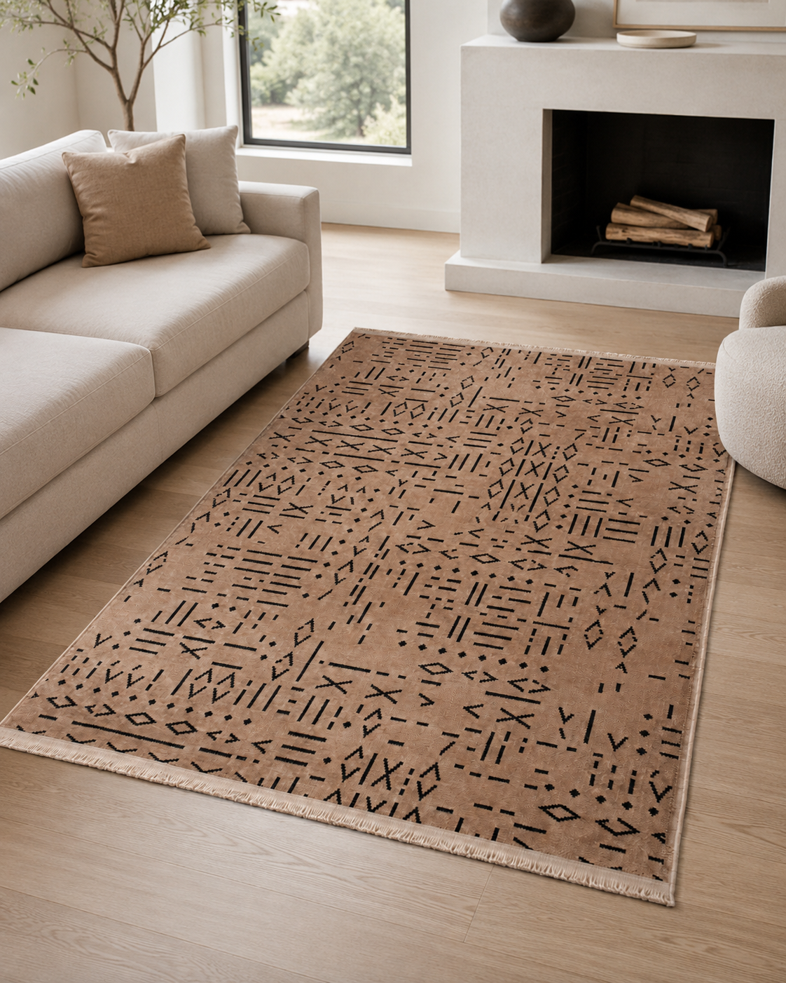 Taba Siyah Etnik Desenli Bohem Şönil Kilim Halı
