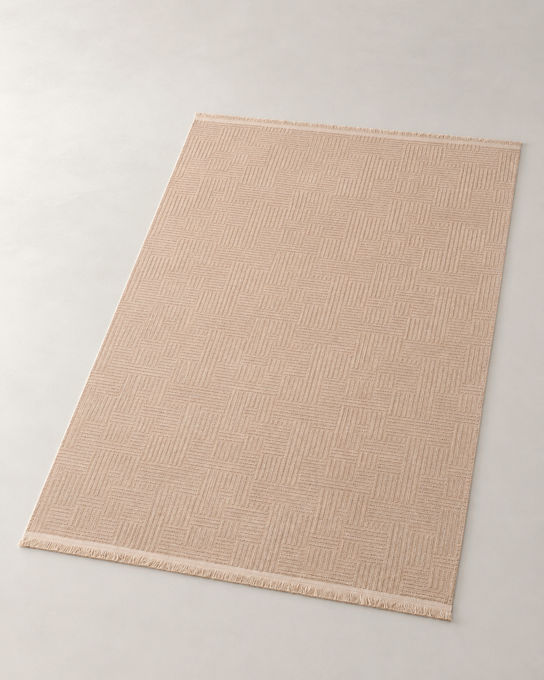 Pudra Bej Dokulu Geometrik Çizgi Desenli Şönil Kilim Halı