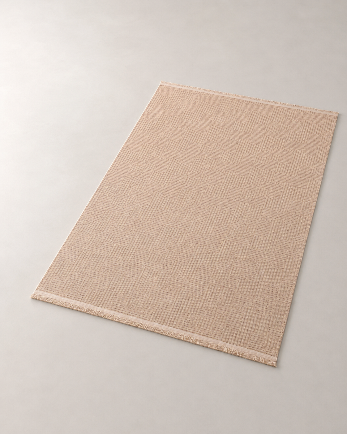 Pudra Bej Dokulu Geometrik Çizgi Desenli Şönil Kilim Halı