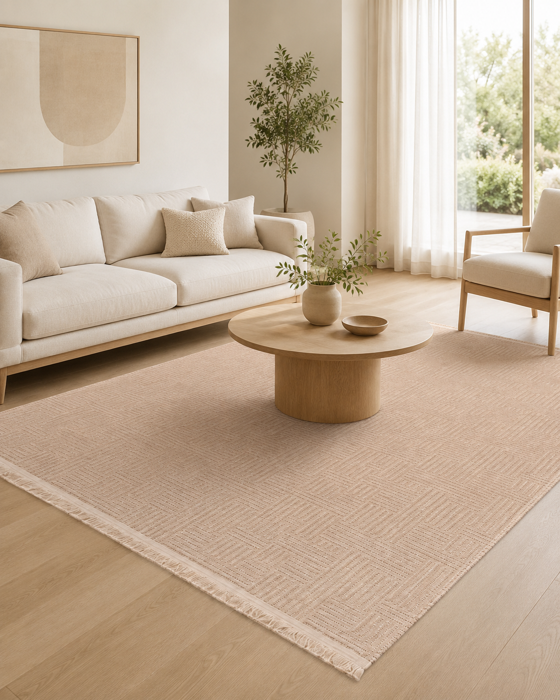 Pudra Bej Dokulu Geometrik Çizgi Desenli Şönil Kilim Halı