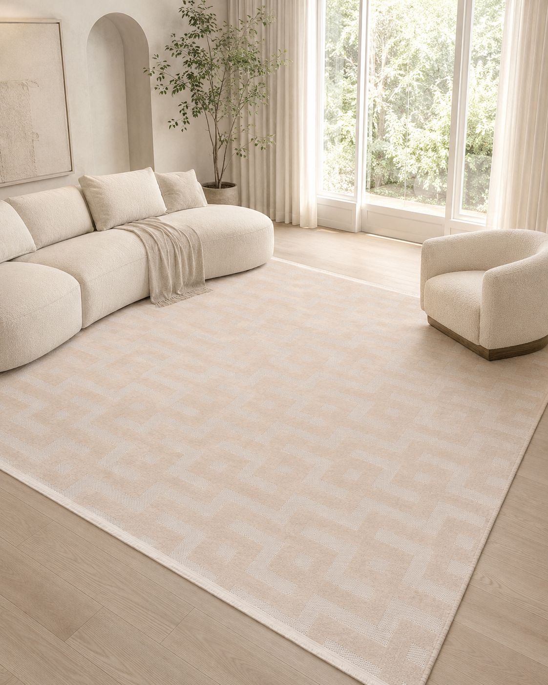 Krem Bej Geometrik Labirent Desenli Modern Şönil Kilim Halı