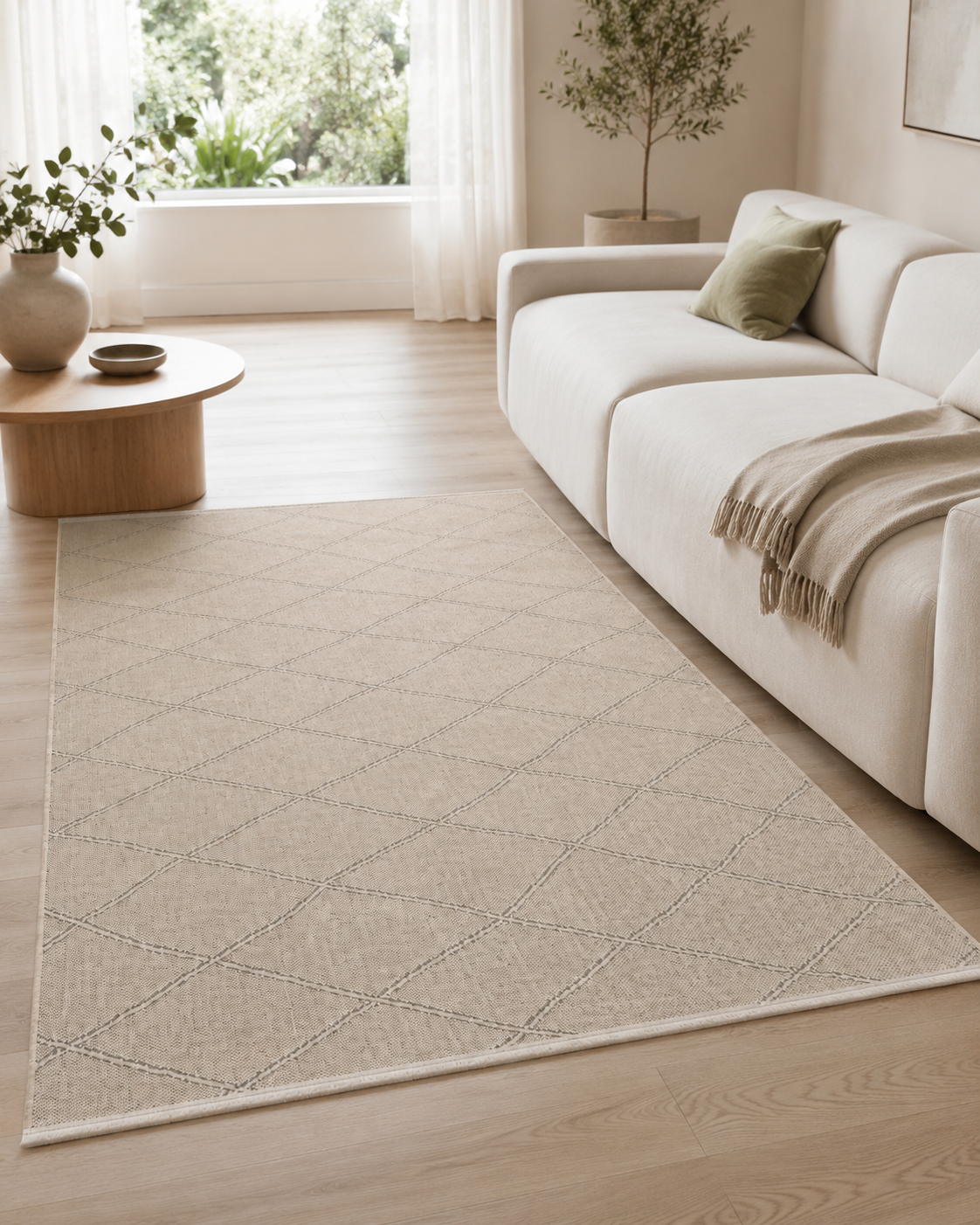 Doğal Bej Baklava Desenli Modern Şönil Kilim Halı