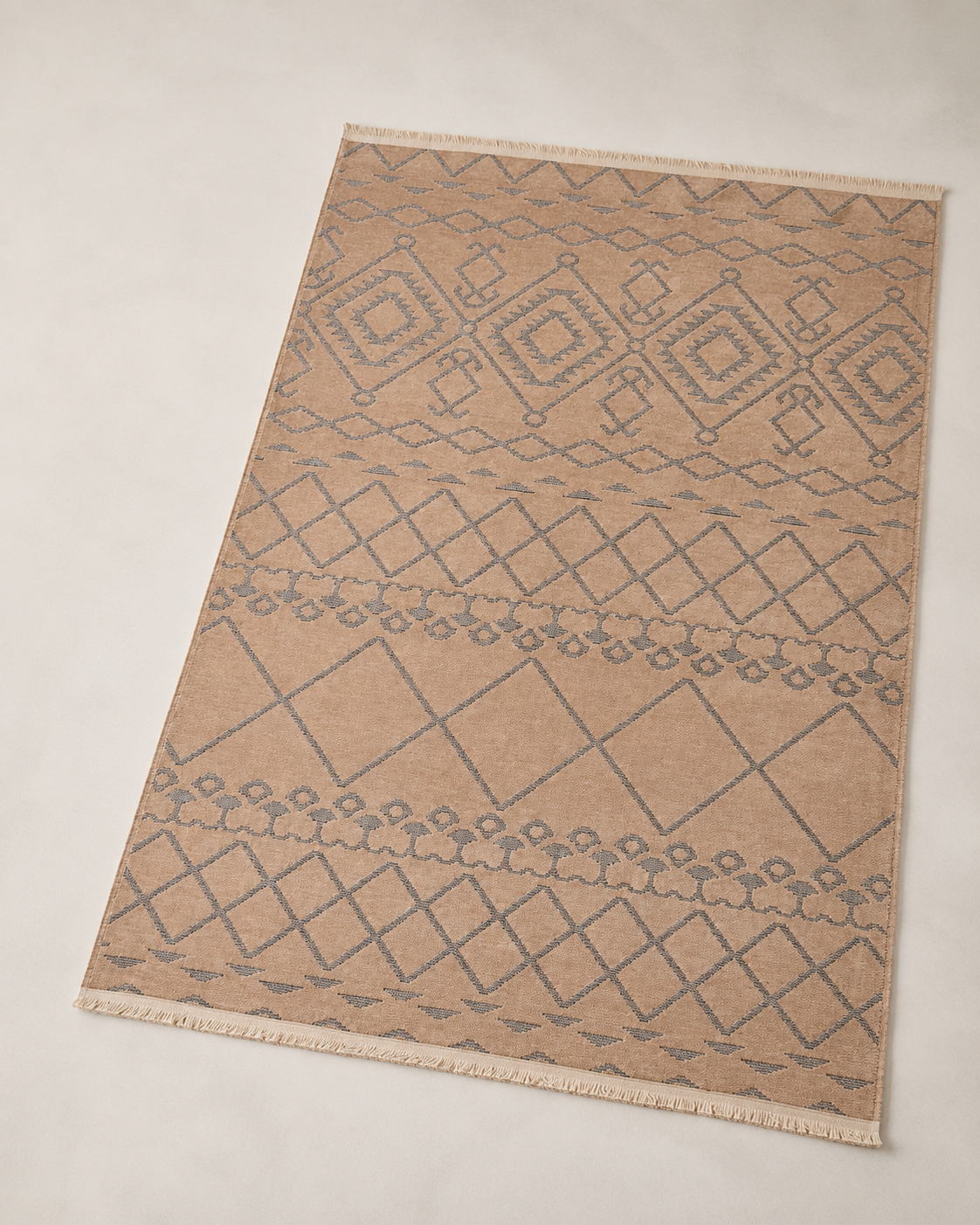 Taba Gri Geometrik Etnik Desenli Modern Bohem Şönil Kilim Halı